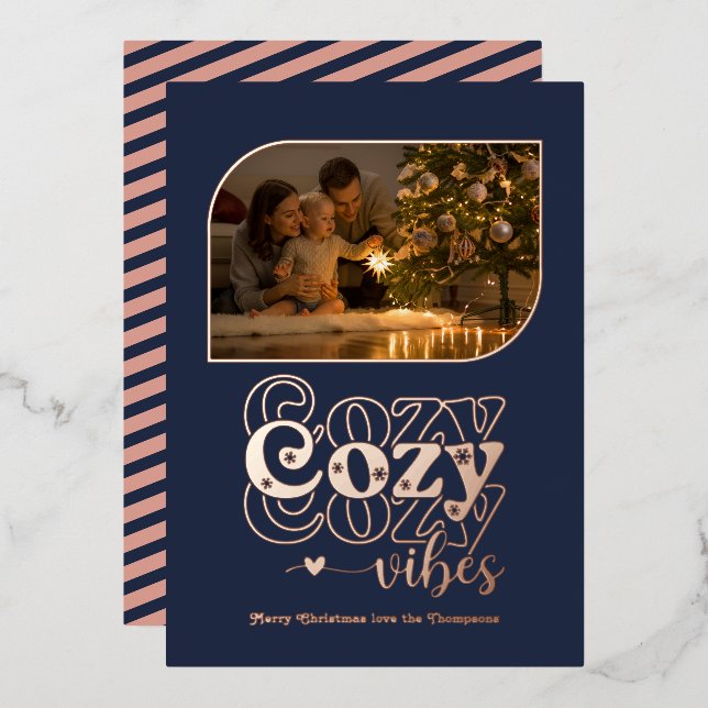 Rose Gold & Navy Cozy Vibes Retro Christmas Photo Foil Holiday Card (Front/Back)