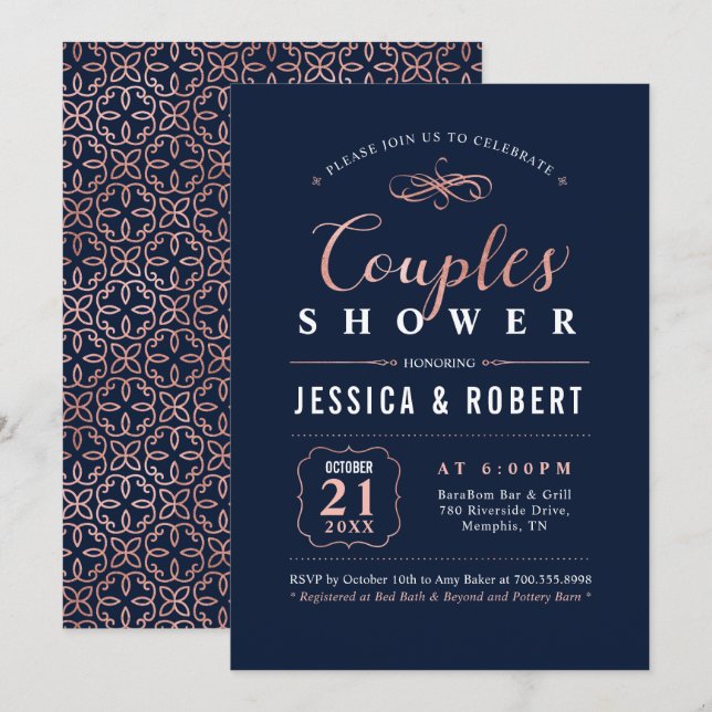 Rose Gold & Navy | Elegant Couples Wedding Shower Invitation (Front/Back)