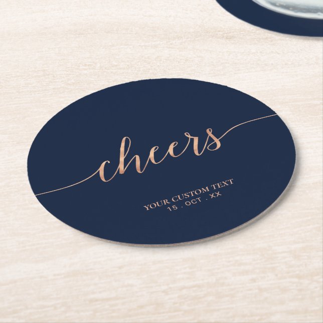 Rose gold & Navy Elegant Lettering Cheers Party Round Paper Coaster (Angled)