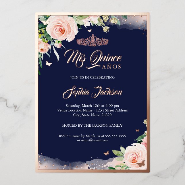 Rose Gold Navy Floral Quinceanera Birthday  Foil Invitation (Front)