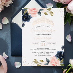 Rose Gold Navy Floral Quinceanera Foil Invitation
