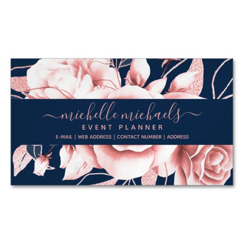 Rose Gold Navy Floral Watercolor Event Planner Business Card Magnet