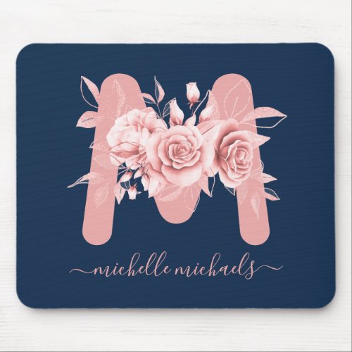 Rose Gold Navy Floral Watercolor Monogram Mouse Pad