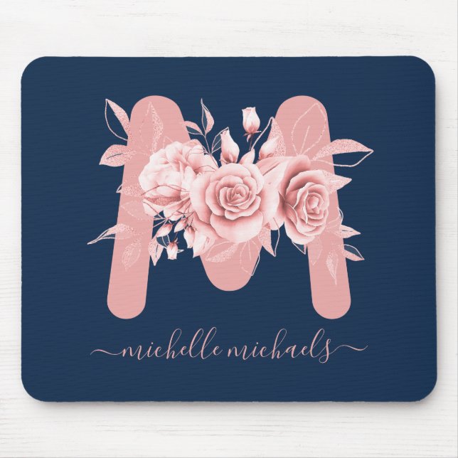 Rose Gold Navy Floral Watercolor Monogram Mouse Pad (Front)