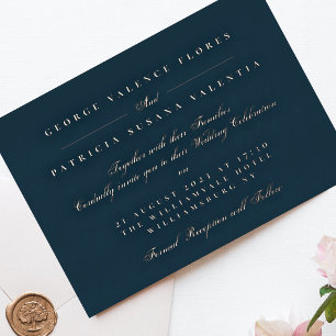 Rose Gold Navy Formal Calligraphy Elegant Wedding Foil Invitation