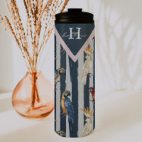 Rose Gold & Navy Geometric Tropical Birds Monogram