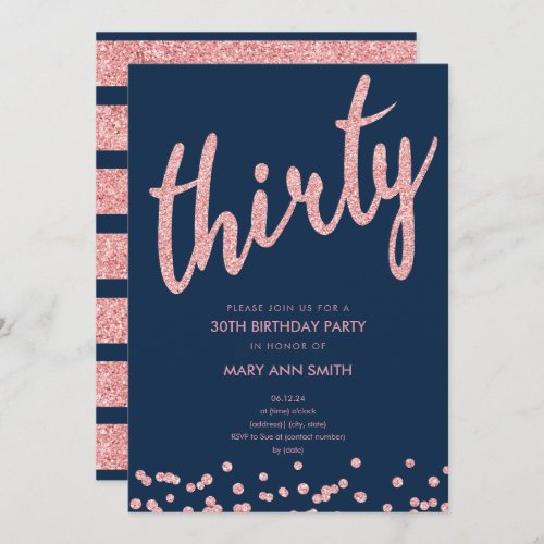 Rose Gold Navy Glitter 30th Birthday Party Invitation