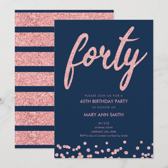 Rose Gold Navy Glitter 40th Birthday Party Invitation (Front/Back)