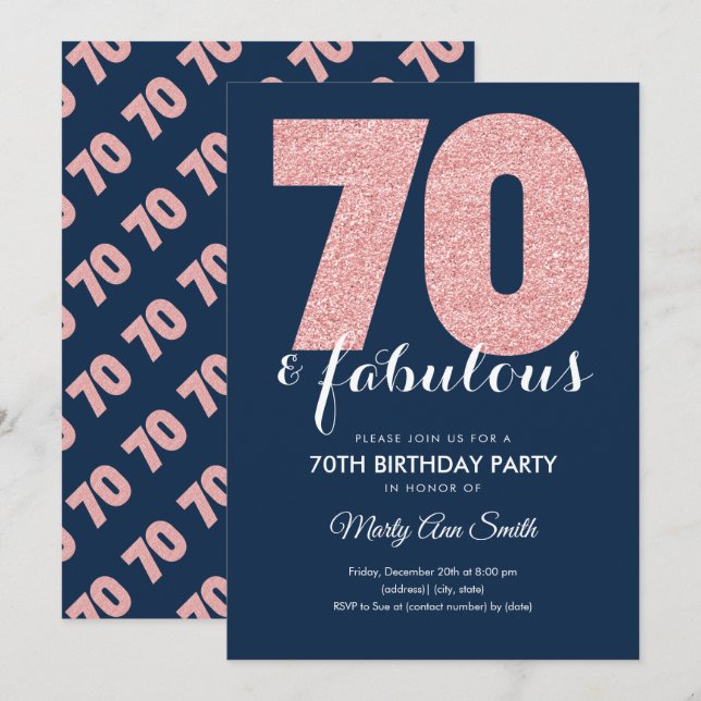 Rose Gold Navy Glitter 70 & Fabulous Birthday Invitation (Front/Back)