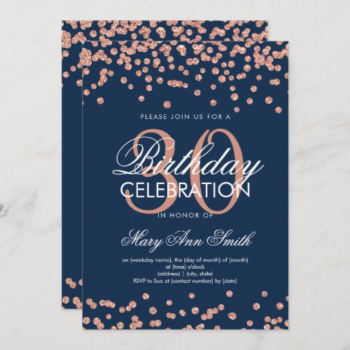 Rose Gold Navy Glitter Confetti 30th Birthday Invitation