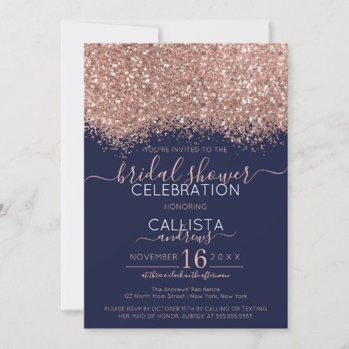 Rose Gold Navy Glitter Confetti Bridal Shower Invitation