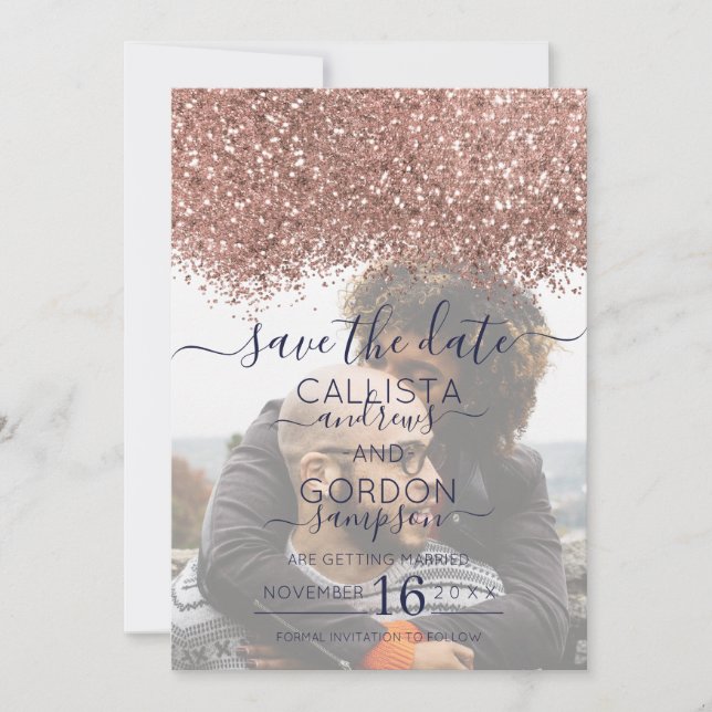Rose Gold Navy Glitter Confetti Photo Wedding Save The Date (Front)