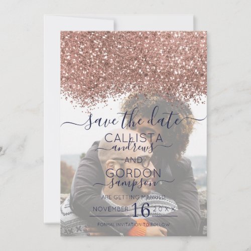 Rose Gold Navy Glitter Confetti Photo Wedding Save The Date