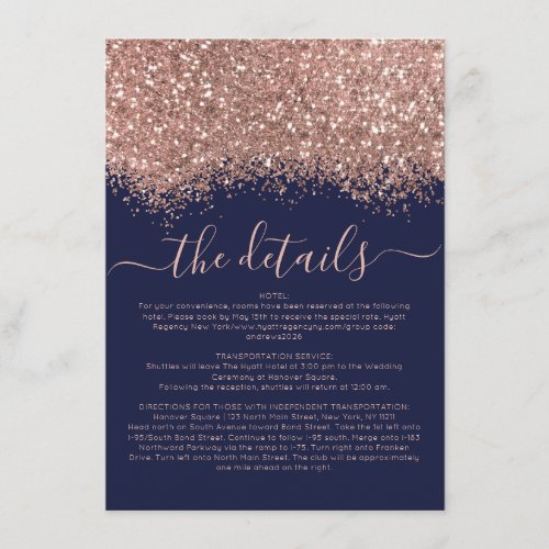 Rose Gold Navy Glitter Confetti Wedding Details Enclosure Card
