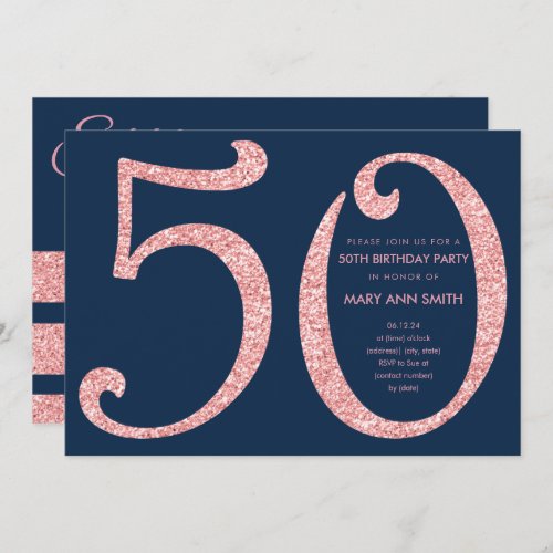 Rose Gold Navy Glitter Surprise 50th Birthday Invitation