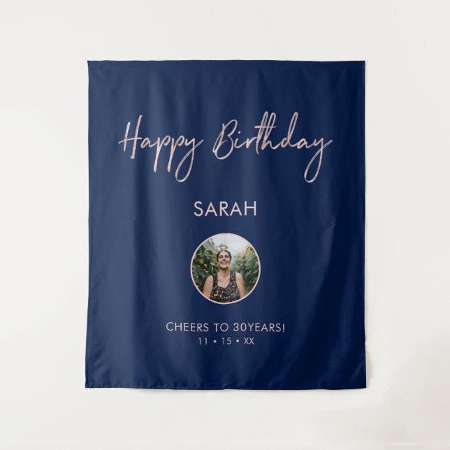 Rose gold & Navy Happy Birthday Photo Backdrop (Front)