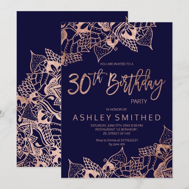 Rose gold navy mandala typography 30th birthday invitation (Front/Back)
