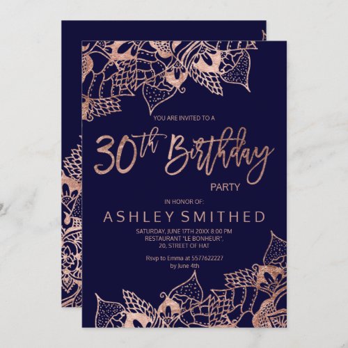 Rose gold navy mandala typography 30th birthday invitation