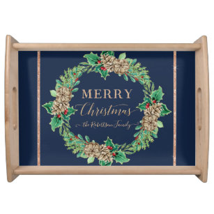 Rose Gold Navy Merry Christmas Script Typography Serving Tray