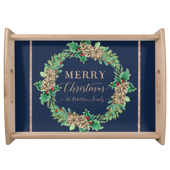 Rose Gold Navy Merry Christmas Script Typography Serving Tray (Front)