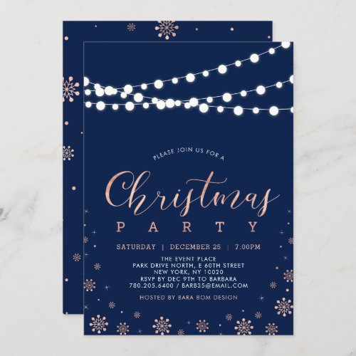 Rose Gold  Navy  Modern Chic Christmas Party Invitation