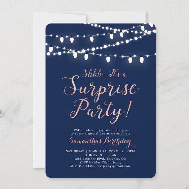 Rose Gold & Navy | Modern Surprise Birthday Party Invitation (Front)