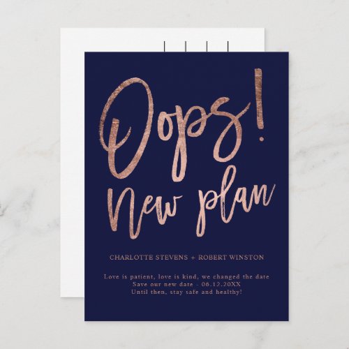 Rose gold navy new plan wedding change the date announcement postcard