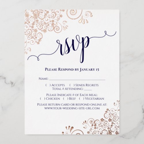 Rose Gold  Navy on White Elegant Wedding RSVP Foil Invitation Postcard