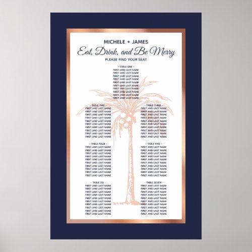 Rose Gold Navy Palm Tropical Wedding Seating Chart