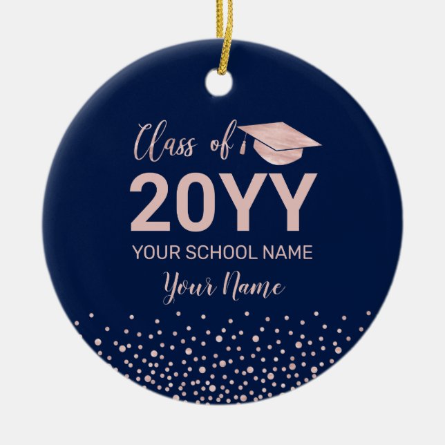 Rose Gold & Navy Photo Graduation Christmas Gift Ceramic Ornament (Front)