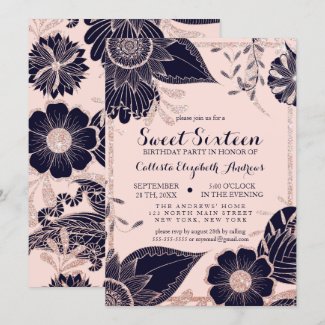 Rose Gold Navy Pink Floral Glitter Border Sweet 16 Invitation