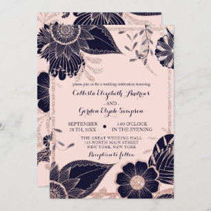 Rose Gold Navy Pink Floral Glitter Border Wedding Invitation