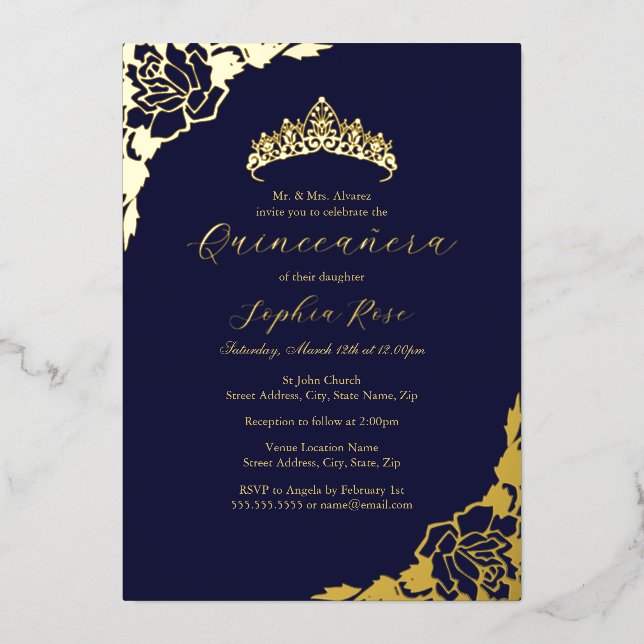 Rose Gold Navy Quinceanera Birthday  Foil Invitation (Front)