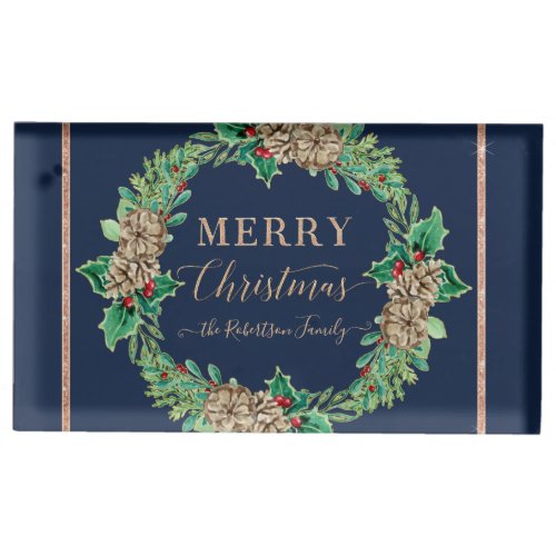 Rose Gold Navy Script Merry Christmas Typography Place Card Holder