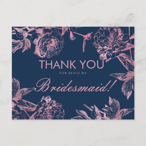 Rose Gold Navy Simple Floral Bridesmaid Thank You Postcard