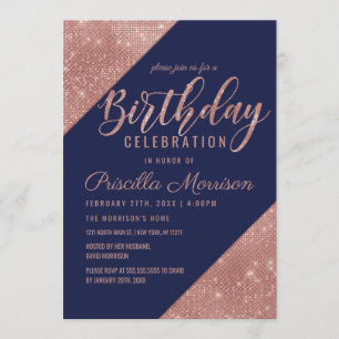 Rose Gold Navy Sparkling Glitter Sequin Birthday Invitation