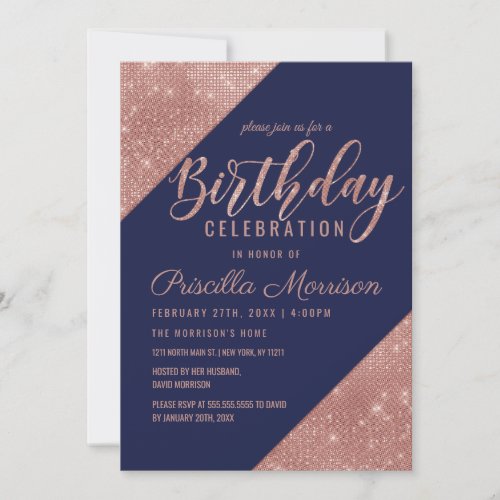 Rose Gold Navy Sparkling Glitter Sequin Birthday Invitation