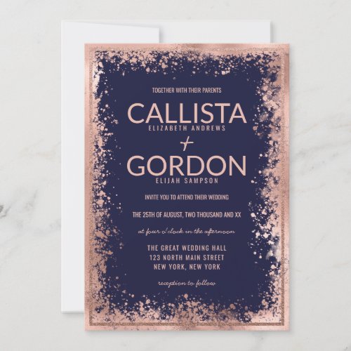 Rose Gold Navy Splatter Glitter Border Wedding Invitation