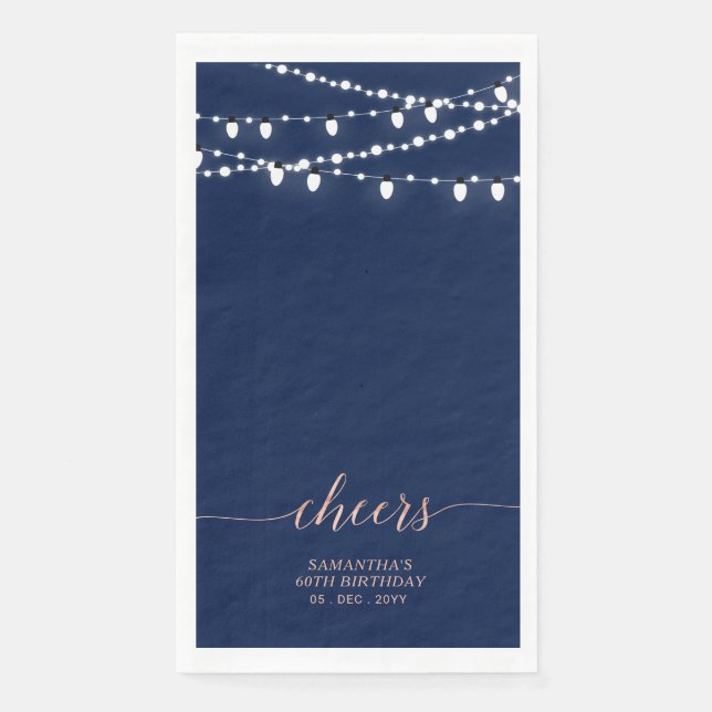 Rose Gold & Navy String Lights Elegant Cheers Paper Guest Towels (Front)