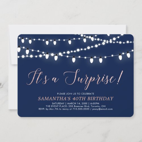 Rose Gold  Navy  Surprise 40th Birthday Party Invitation