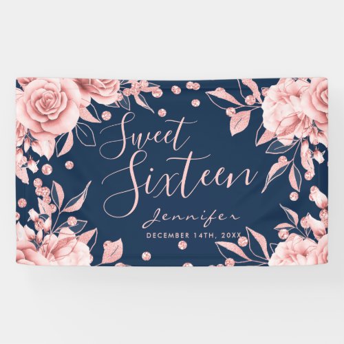 Rose Gold Navy Sweet 16 Glitter Confetti Floral Banner