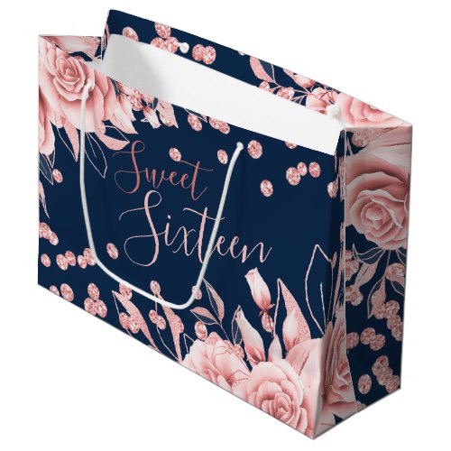 Rose Gold Navy Sweet 16 Glitter Confetti Floral Large Gift Bag