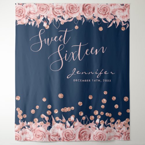 Rose Gold Navy Sweet 16 Glitter Confetti Floral Tapestry