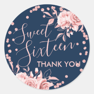 Rose Gold Navy Sweet 16 Thank You Floral Glitter Classic Round Sticker
