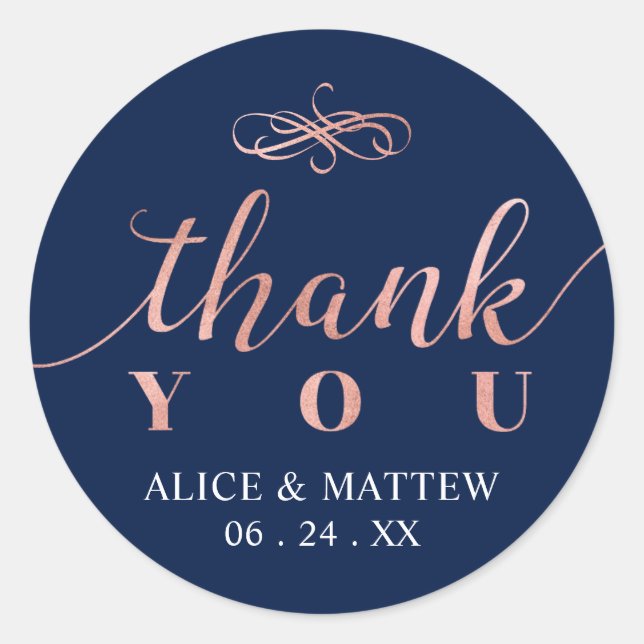 Rose Gold & Navy |  Wedding Thank you, Favor Classic Round Sticker (Front)