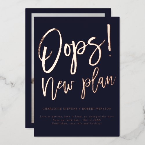 Rose gold new plan wedding change the date foil invitation