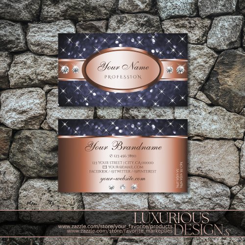 Rose Gold Ocean Blue Glitter and Diamonds Striking Business Card