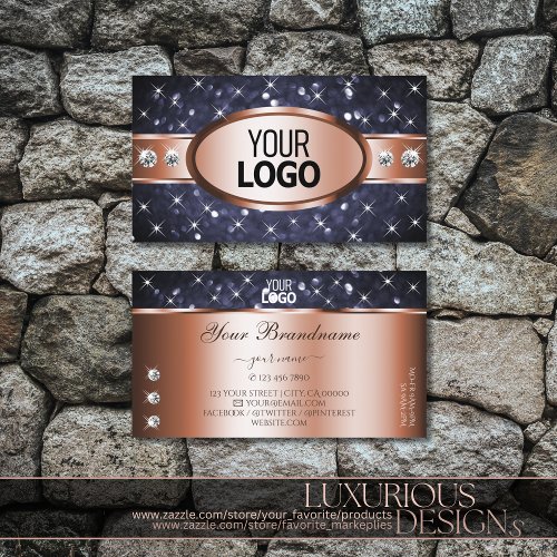 Rose Gold Ocean Blue Glitter Diamonds and Logo Business Card