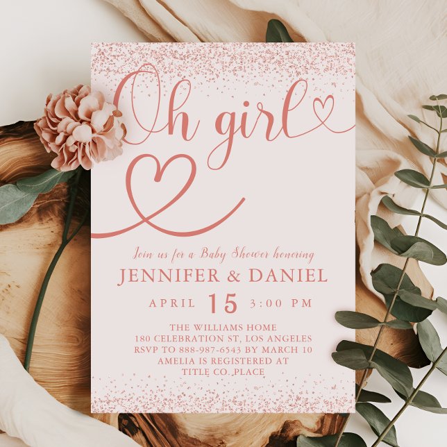 Rose Gold Oh Girl Blush Confetti Script Invitation (Creator Uploaded)