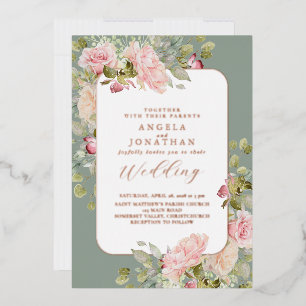 Rose Gold Olive Green Floral Wedding Foil Invitation